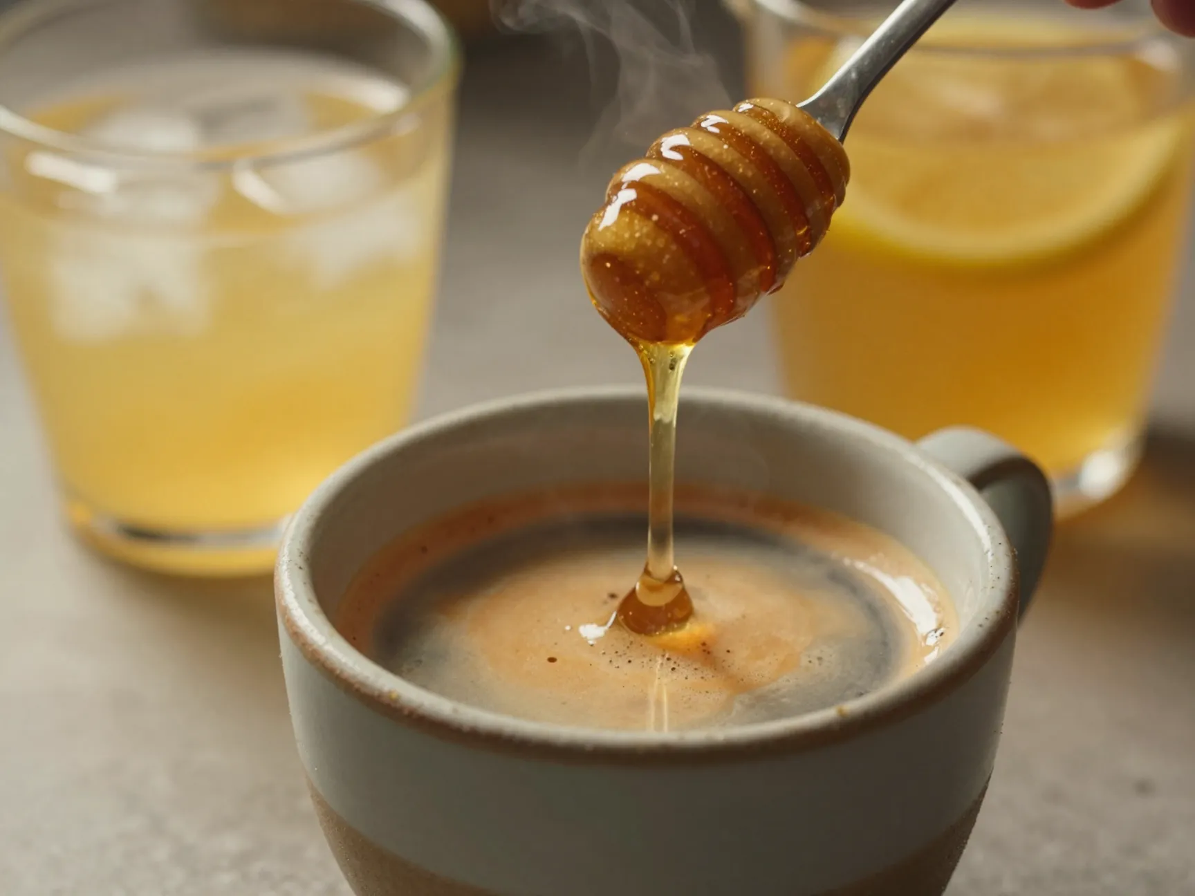 Honey lemon chill americano with honey dissolved in hot espresso