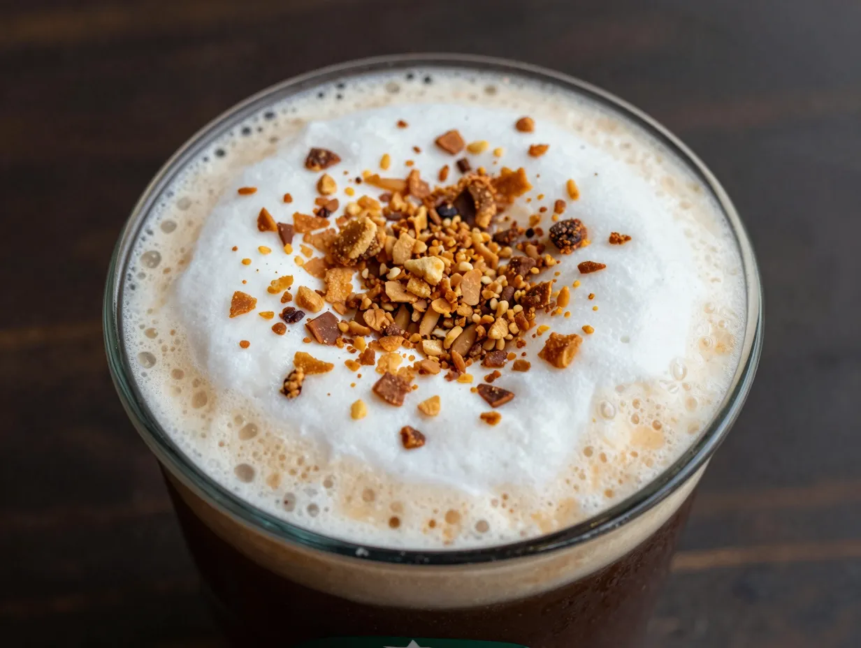 Toasted coconut cream cold brew with crunchy topping and dark coffee