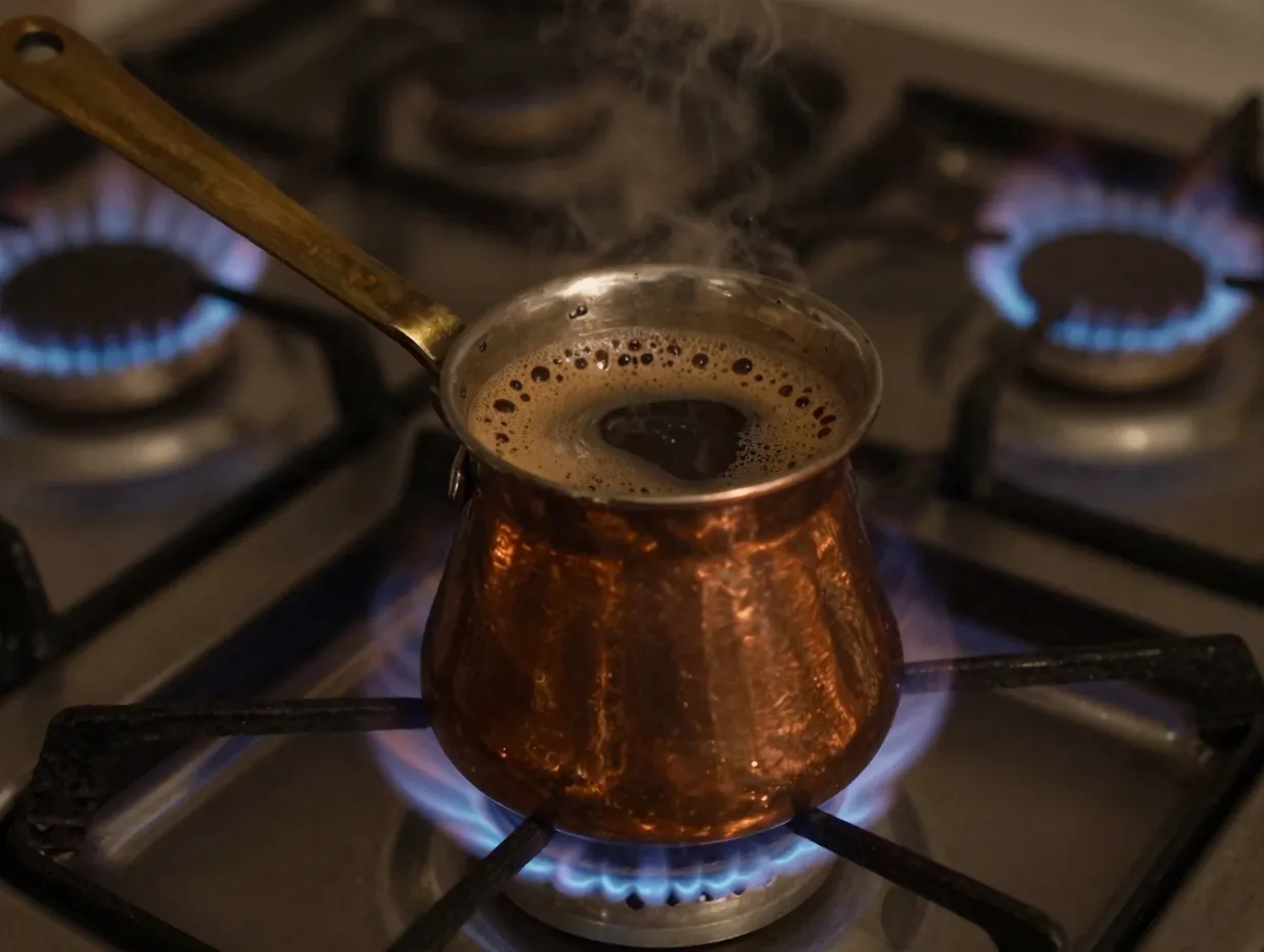 Copper cezve on low flame with dark foam beginning to form