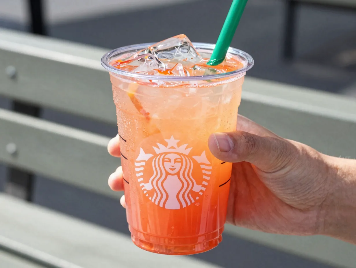 Mango strawberry refresher drink with bright fruity liquid and ice
