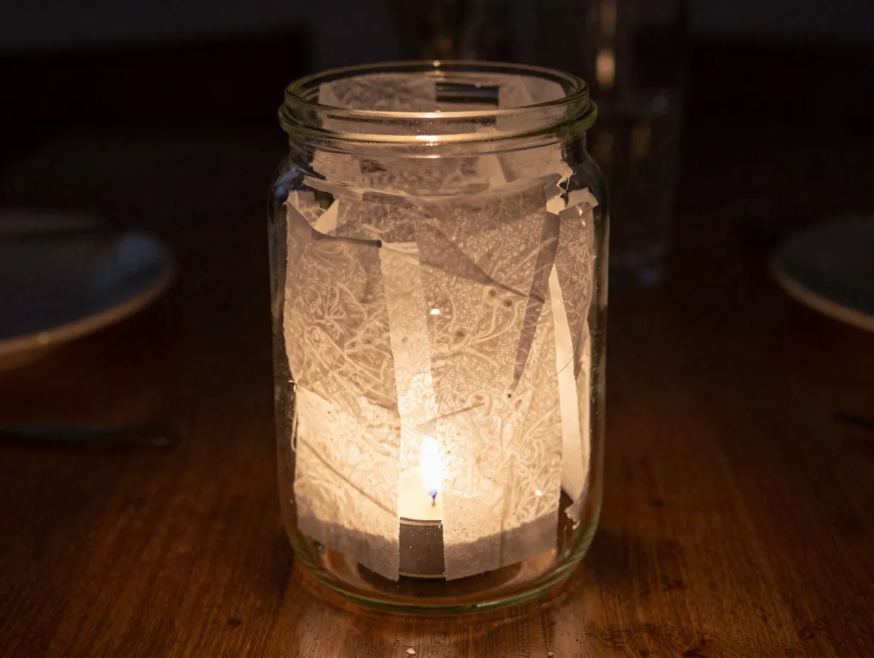 Mod podge coffee filter lantern glowing with battery tea light inside glass jar
