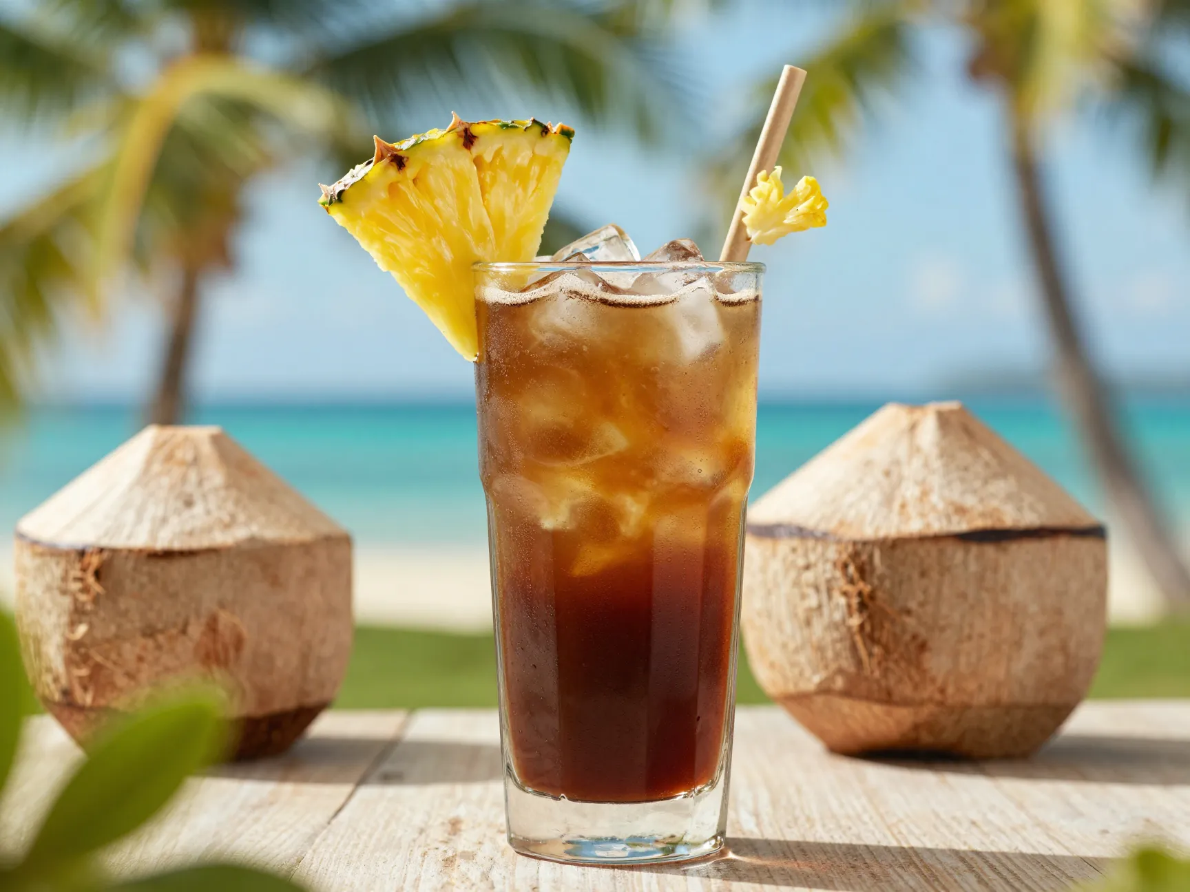 Tropical coconut refresh americano with pineapple garnish