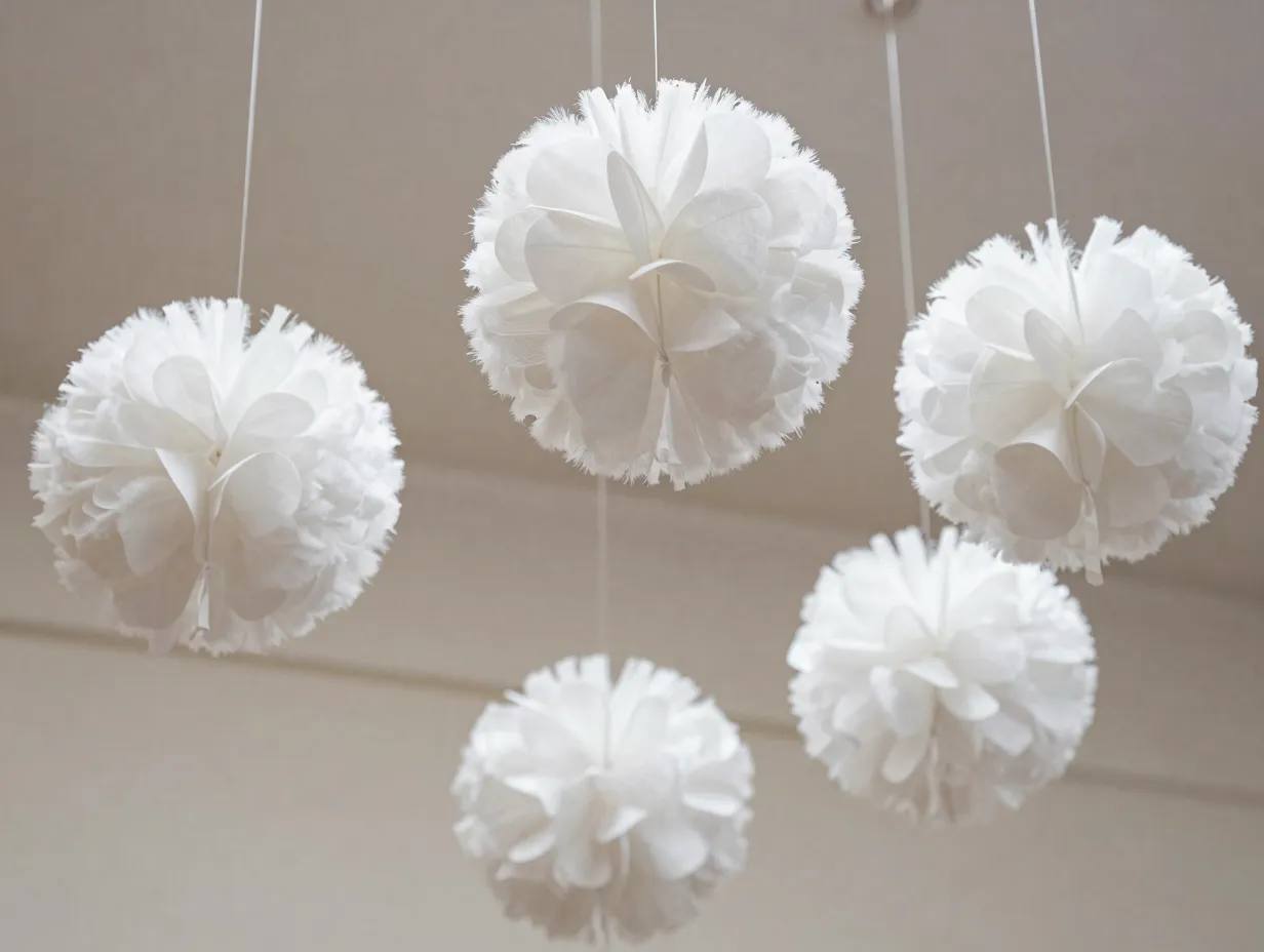 Fluffed white coffee filter pom poms hanging from ceiling on fishing line