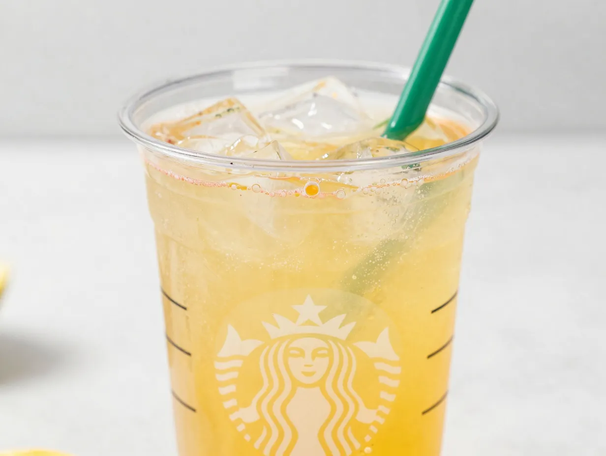 Mango strawberry lemonade refresher with tart citrusy appearance