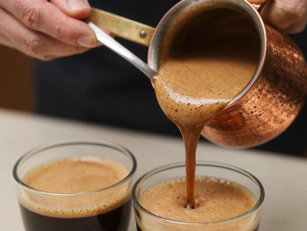 Spoon scooping thick dark foam from cezve into demitasse cups