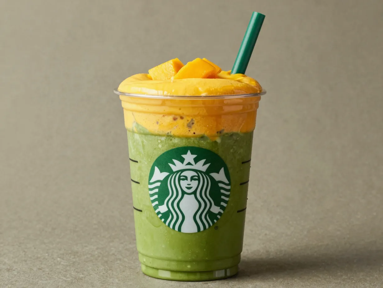 Iced mango cream matcha with green tea and orange yellow topping