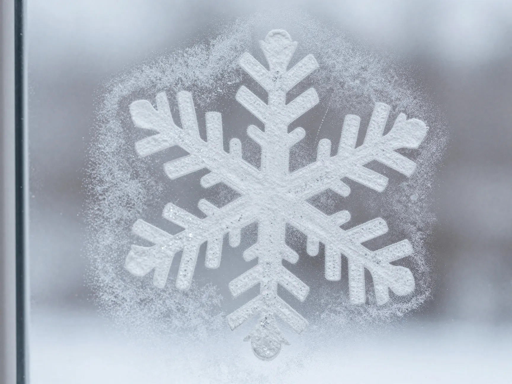 Intricate lacy coffee filter snowflake with glitter on winter windowpane