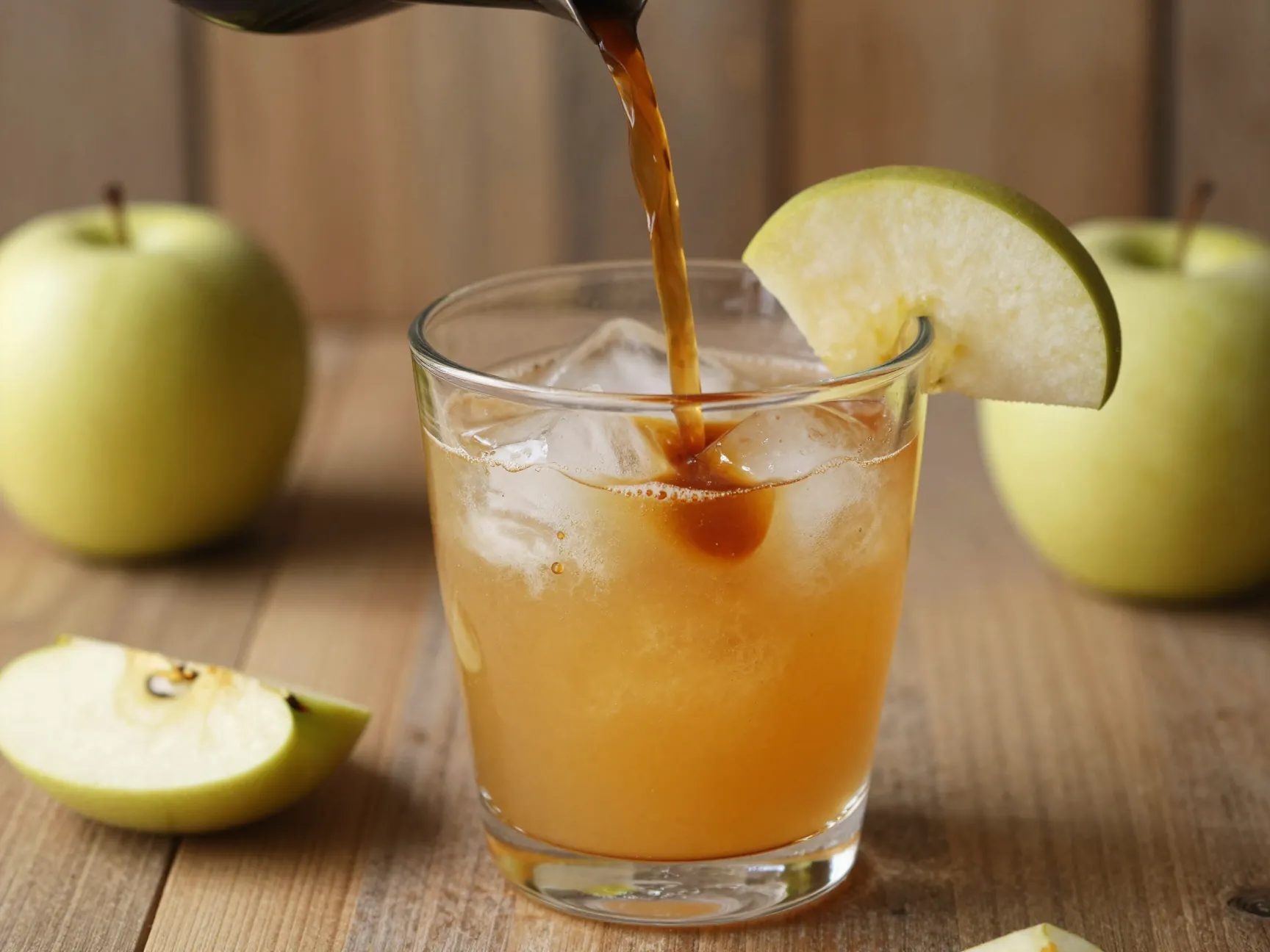 Apple crisp americano with cloudy apple juice and slice garnish