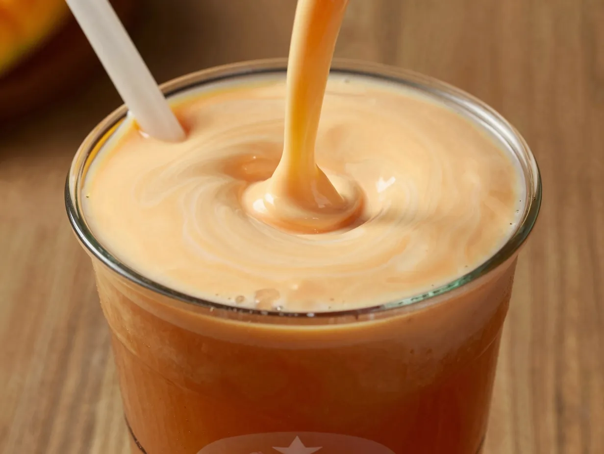 Iced mango cream chai with spiced tea and tropical cream layer