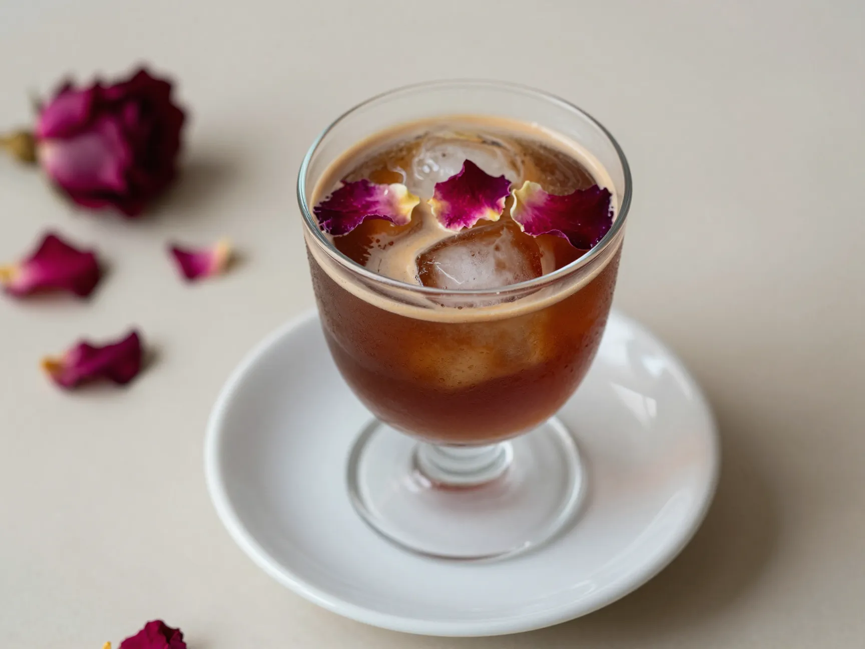 Floral chill americano with rose water and dried petal garnish