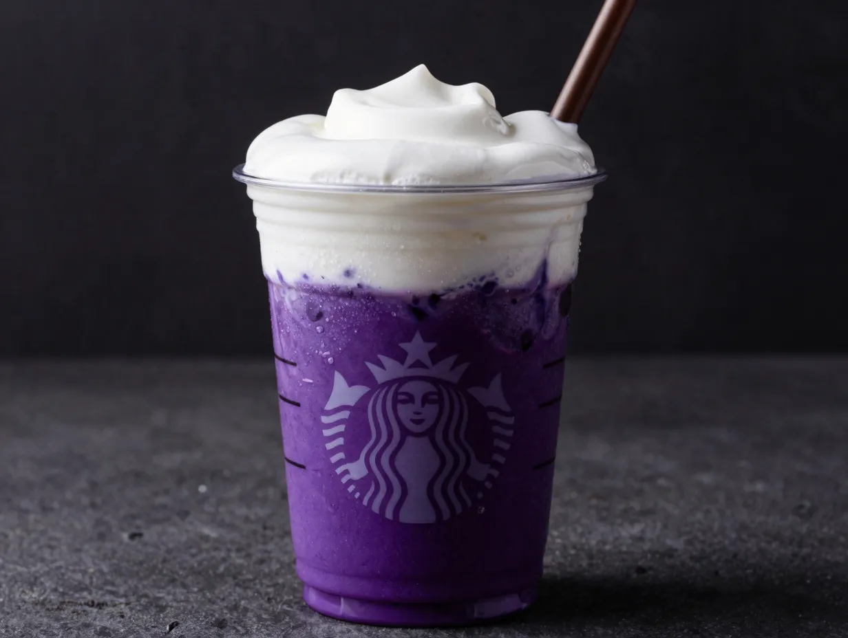 Iced ube coconut cream macchiato with deep purple and white layers