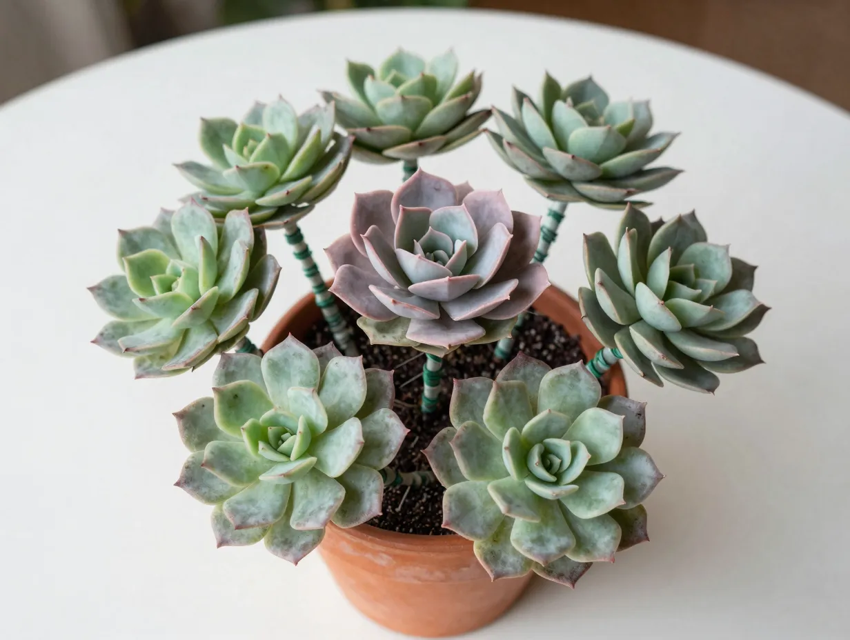 Realistic green coffee filter succulent bouquet in small terracotta pot