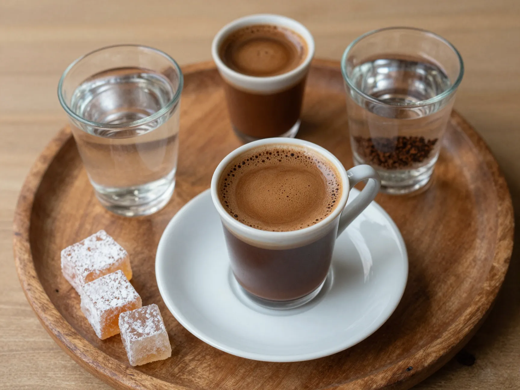 Traditional serving of turkish coffee with water and sweet