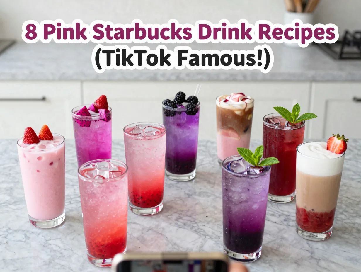 Eight pink starbucks drinks flatlay clear glasses viral tiktok