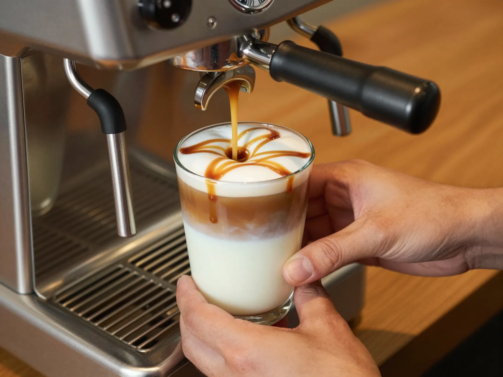 Barista assembles caramel macchiato upside down layered construction beverage