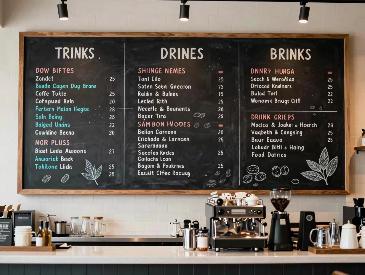 Large counter mounted chalkboard grid layout botanical illustrations