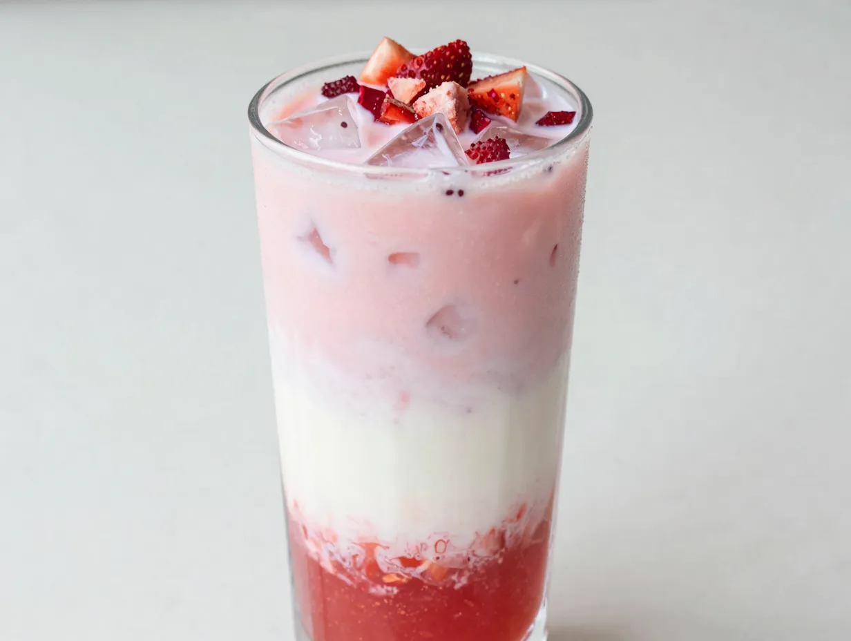 Tall glass layered strawberry acai coconut milk pink drink with ice and freeze dried strawberries