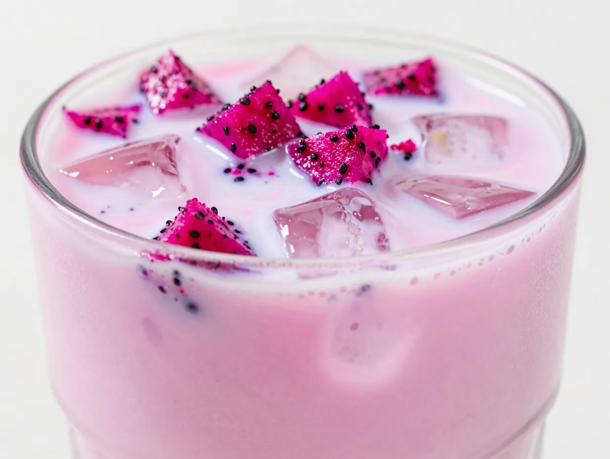 Dragon drink mango dragonfruit coconut milk with speckled dragonfruit pieces on ice