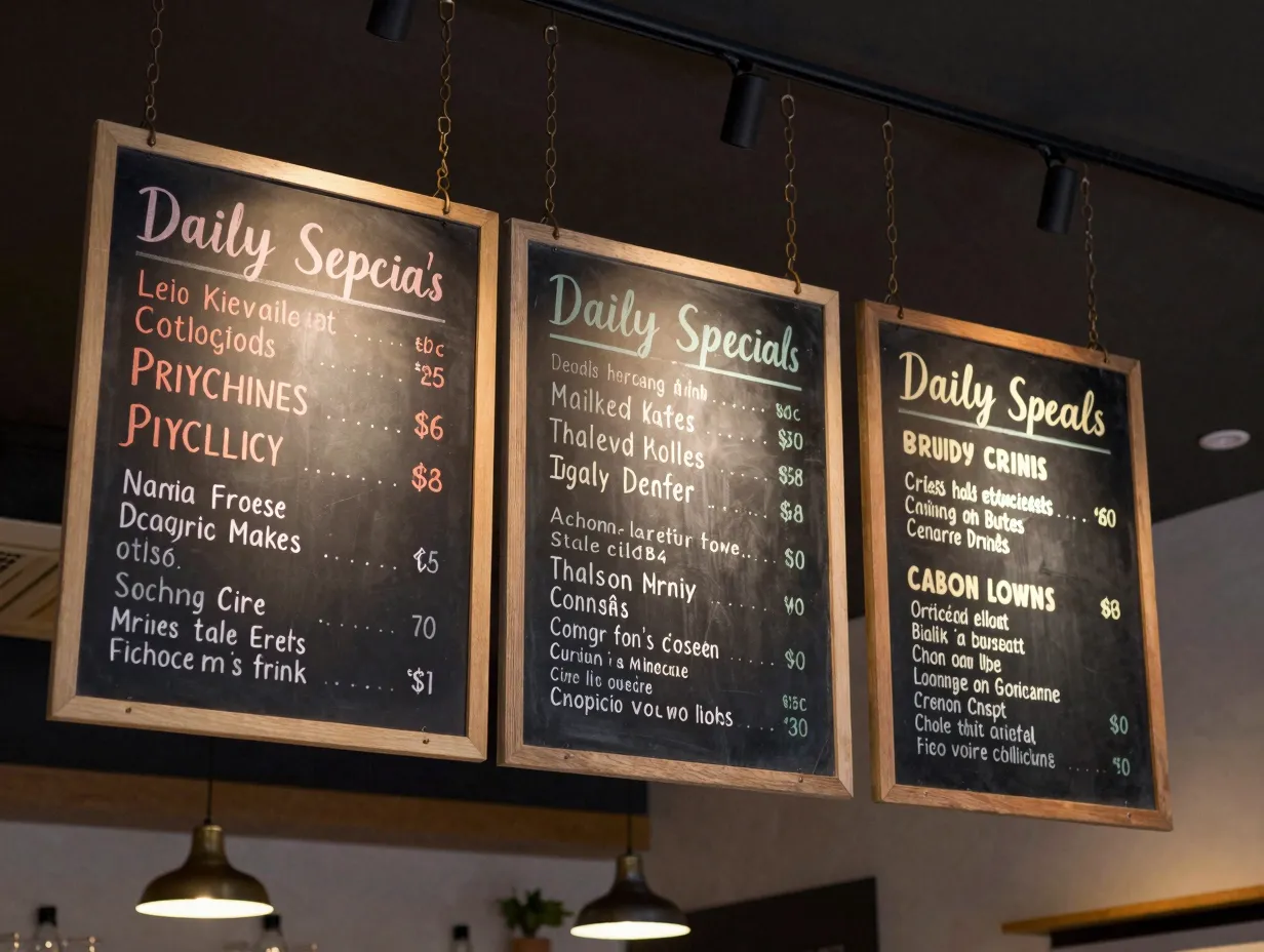Hanging chalkboard signs cluster daily specials different colors