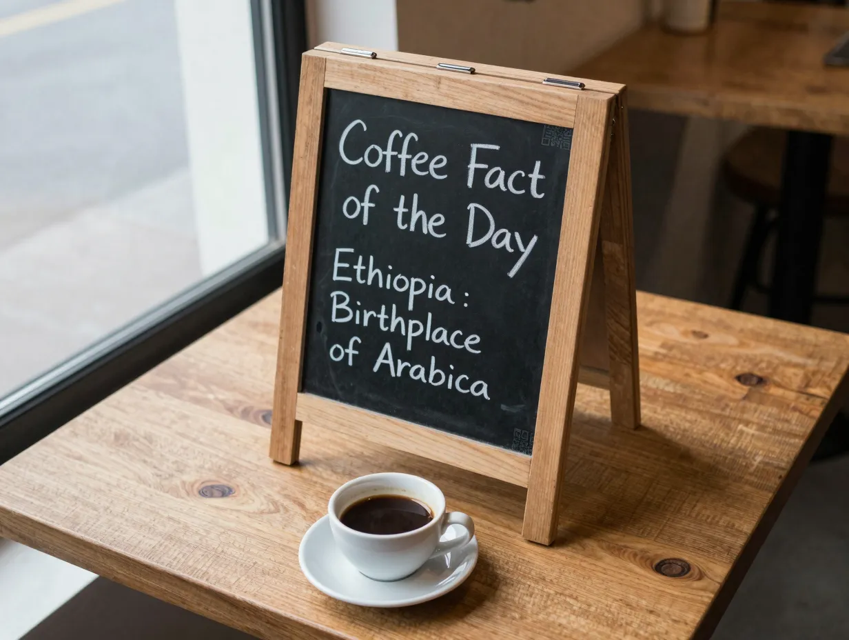 A frame tabletop chalkboard coffee origin fact qr code