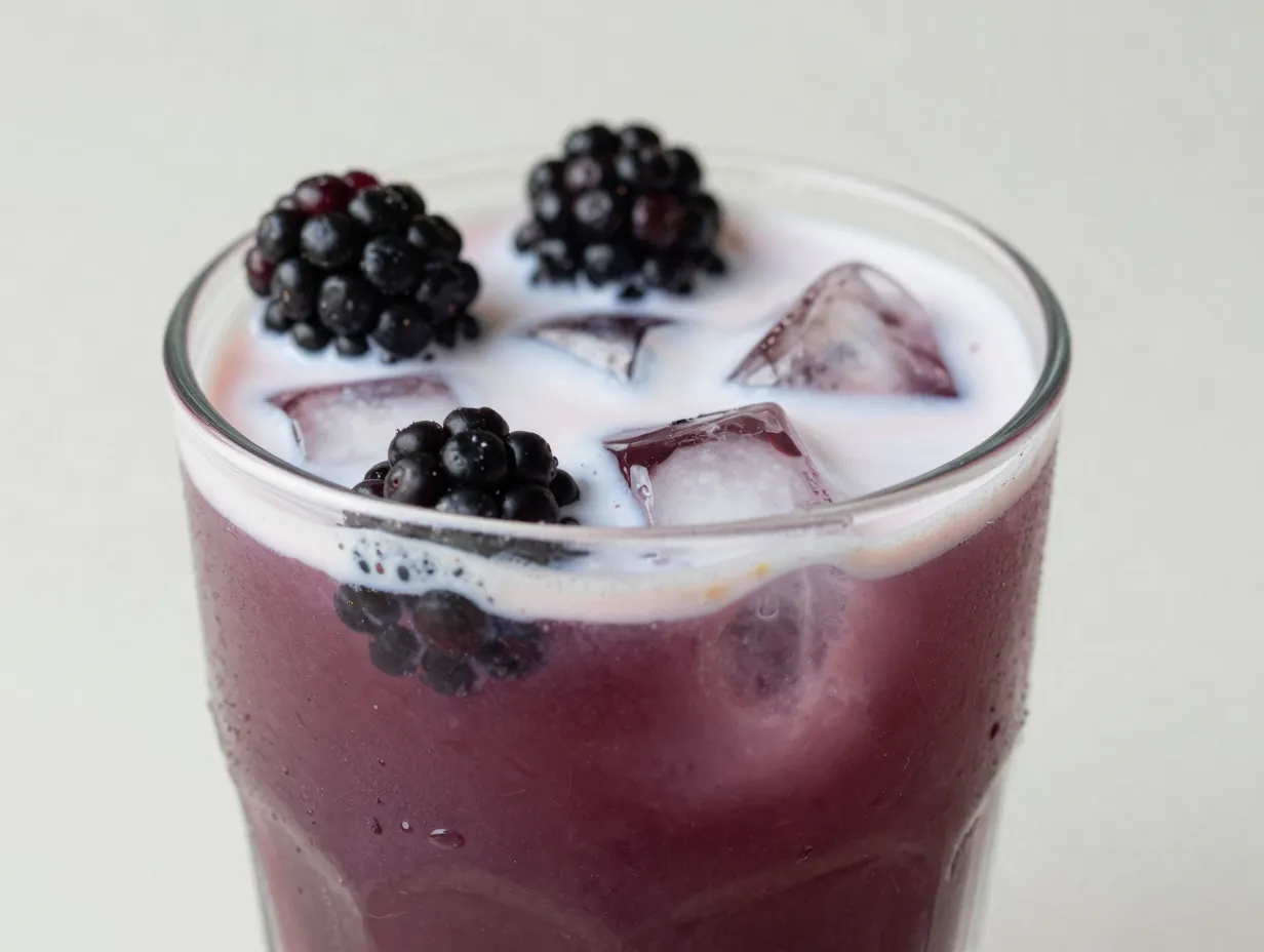 Violet drink passion tea coconut milk layered beverage with blackberry garnish