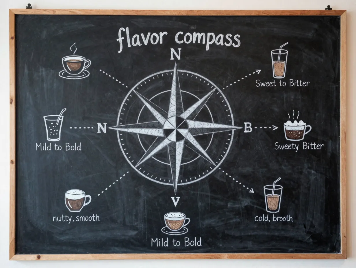 Illustrated drink map chalkboard flavor compass coffee vessels