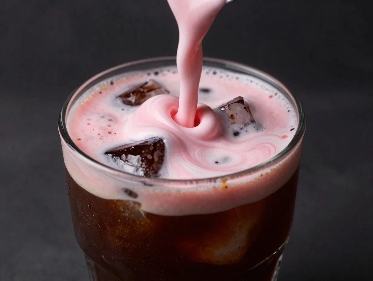 Strawberry cream cold brew coffee with pink cascading cream swirl