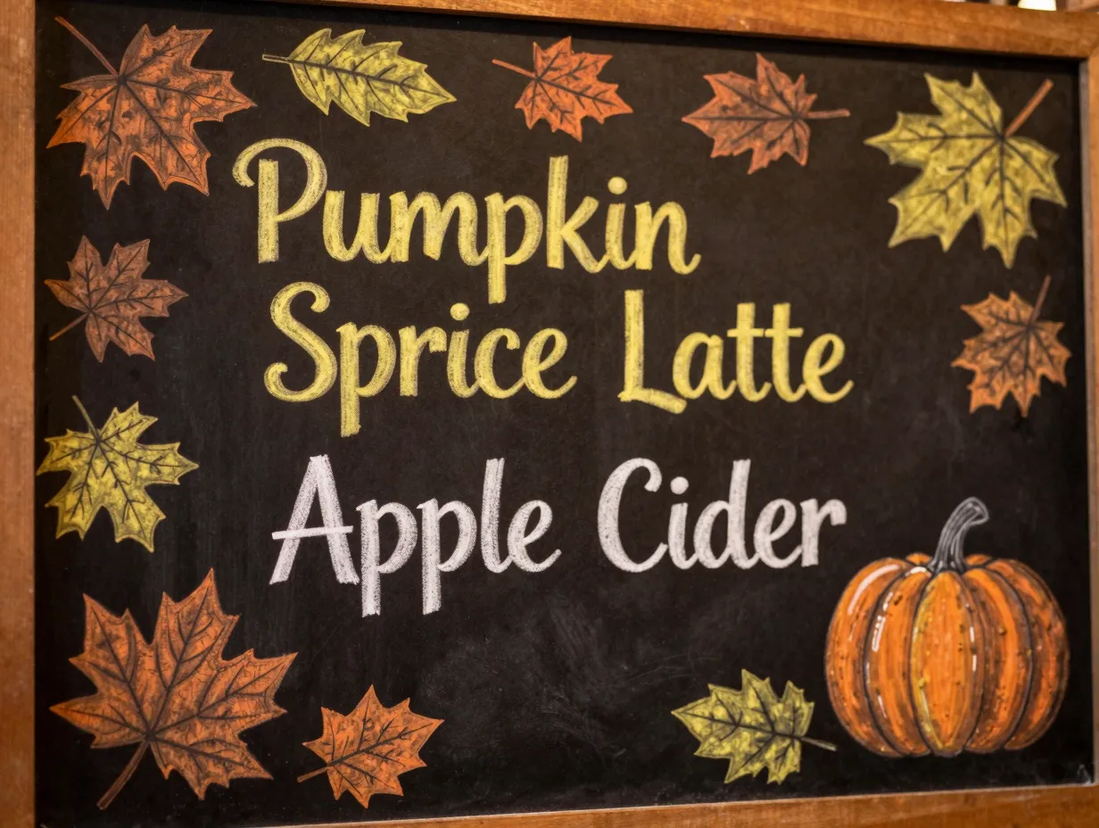 Autumn themed chalkboard menu earth tones leaf illustrations