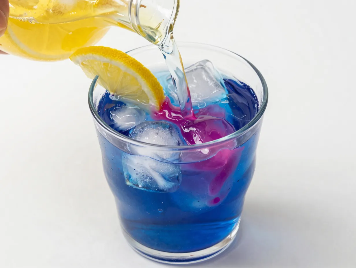 Butterfly pea flower tea transforming to pink upon lemonade pour