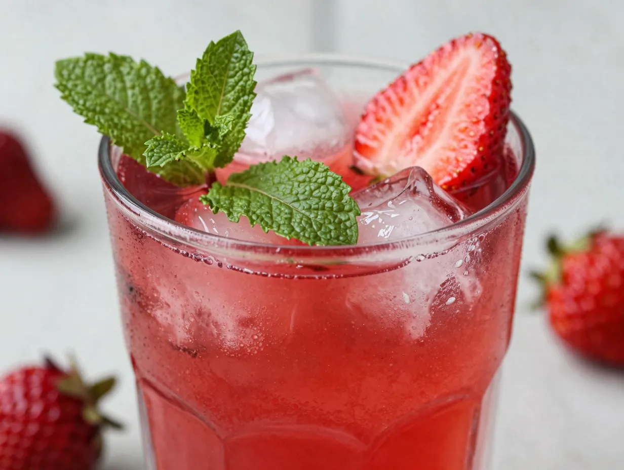 Hibiscus strawberry refresher jewel toned pink drink with mint garnish