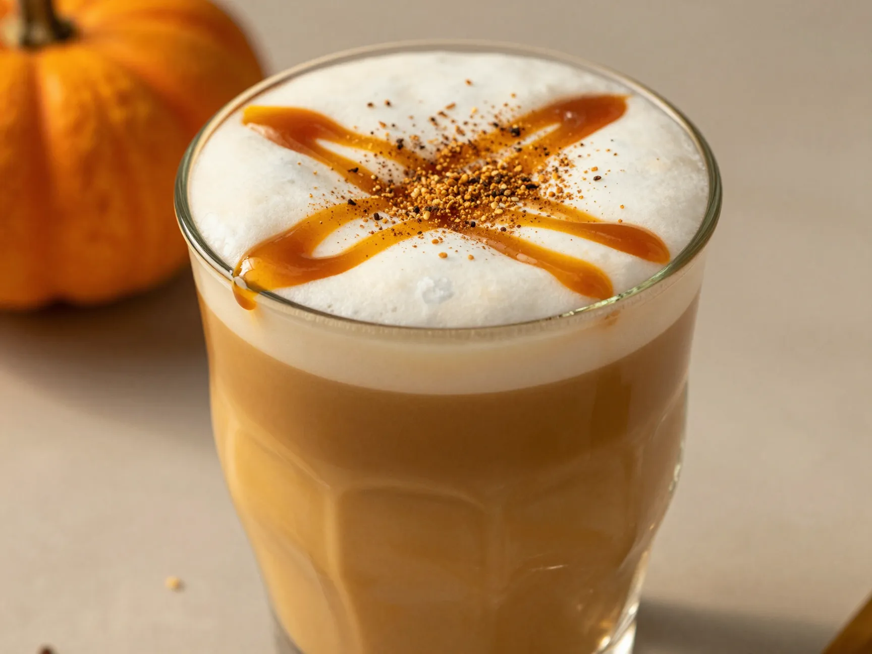 Pumpkin spice macchiato with oat milk and pumpkin sauce seasonal variation