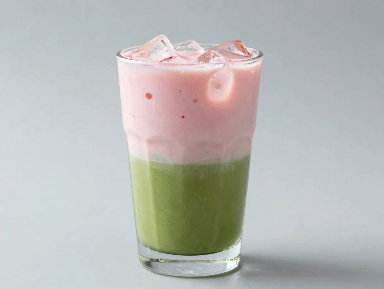 Strawberry matcha latte two layer green matcha and pink strawberry milk