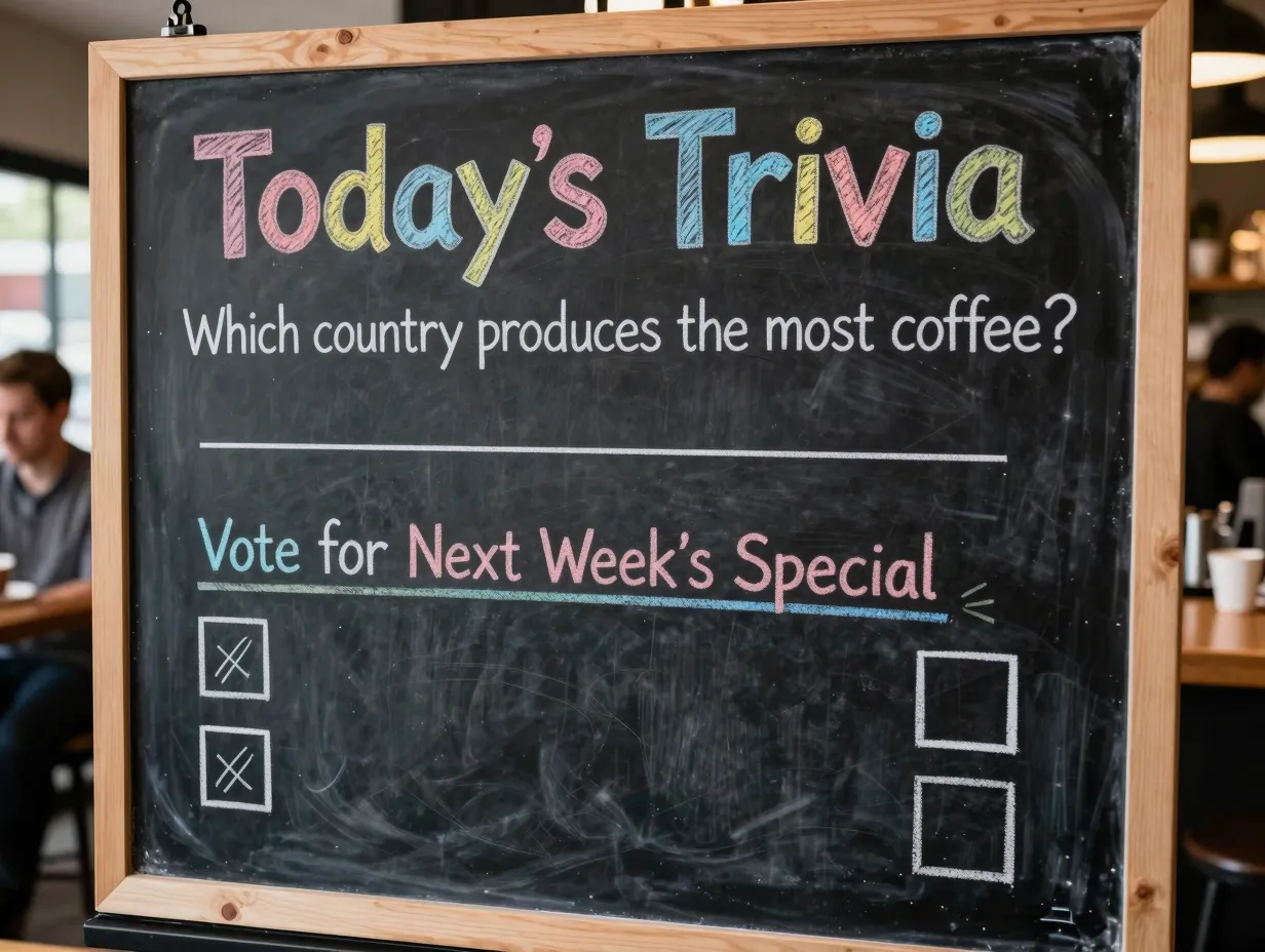 Interactive chalkboard coffee trivia question vote tally