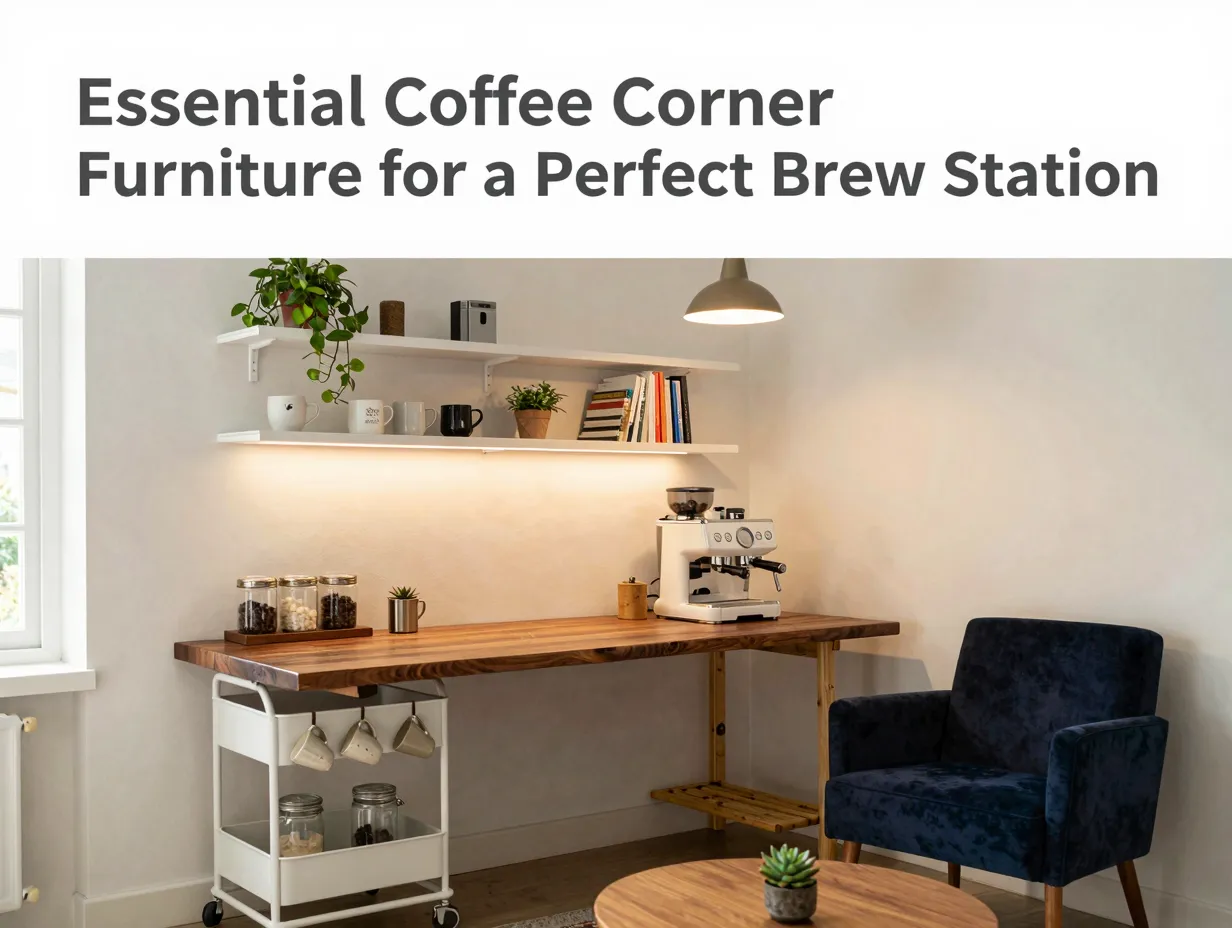 Butcher block espresso station rolling cart floating shelves velvet chair pendant light