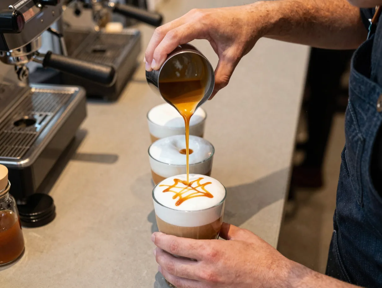 Barista creating perfect caramel macchiato with precise layering sequence