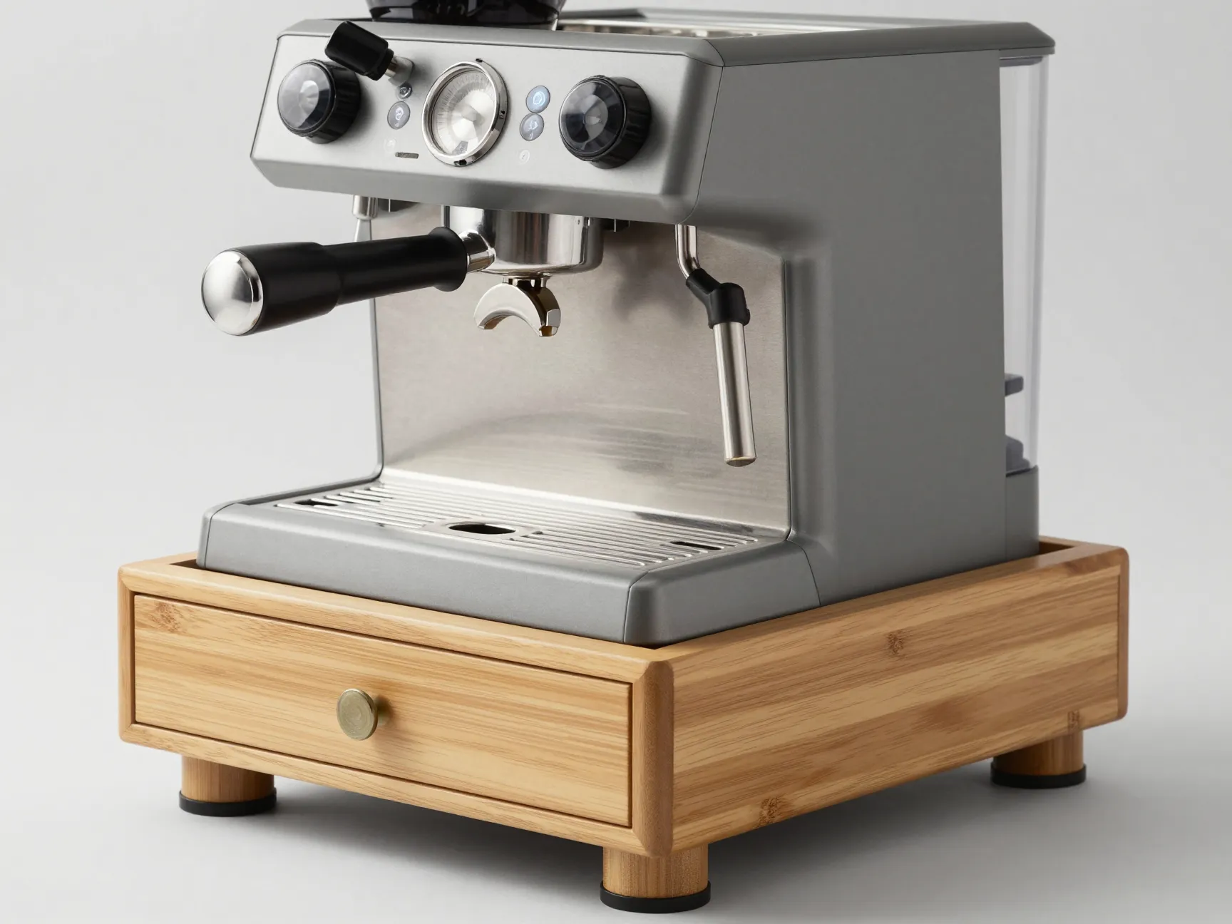 Bamboo espresso machine stand with drawer and portafilter storage