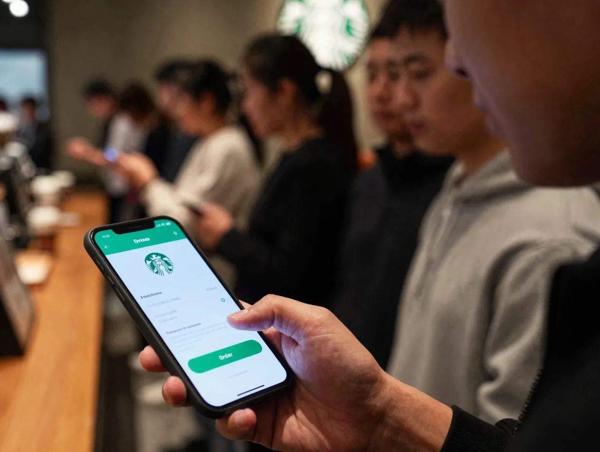 Customer using starbucks app inside store with long line behind
