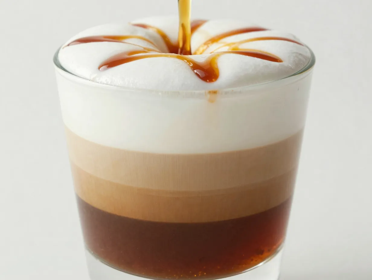 Vanilla syrup bottle at the bottom of a clear glass macchiato cup