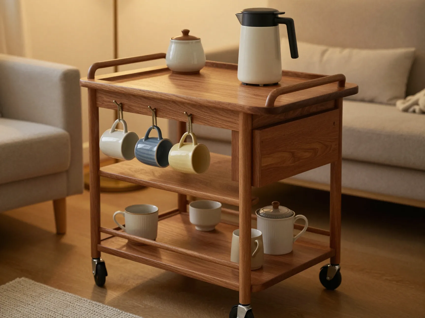 Rolling coffee cart with butcher block top mug hooks and shelves