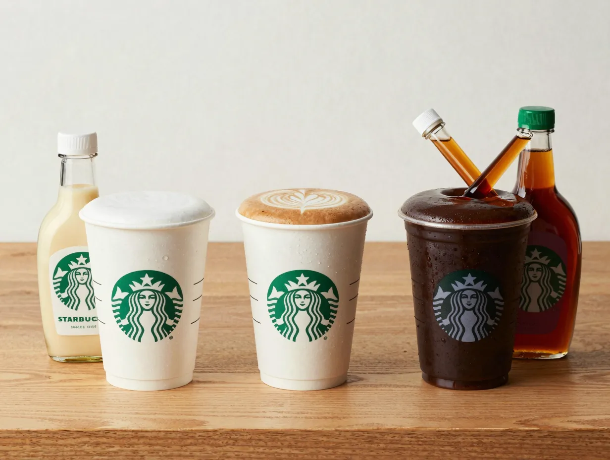 Two identical lattes one overly sweet with two syrup bottles