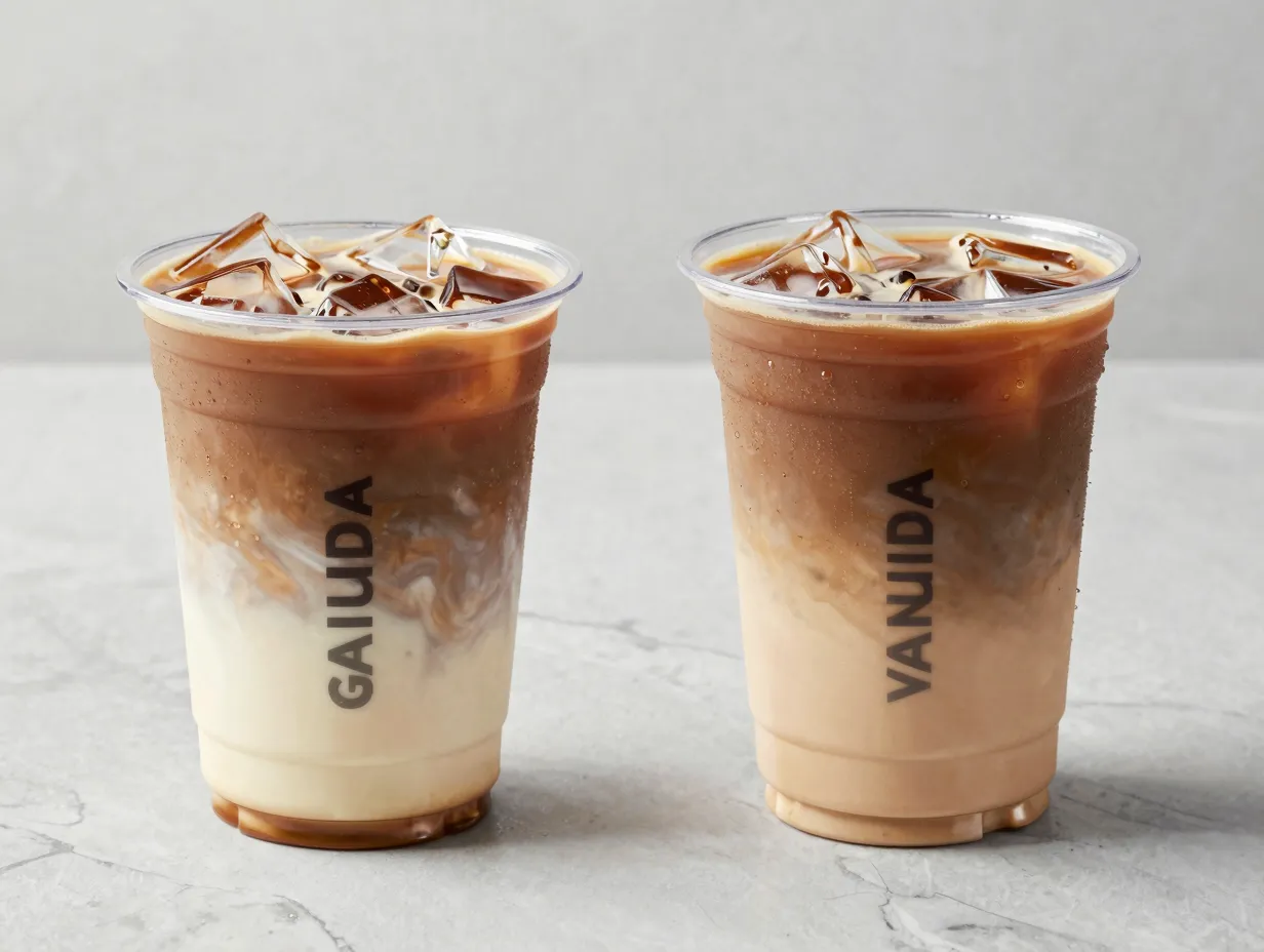 Grande drink in venti cup next to grande drink in grande cup