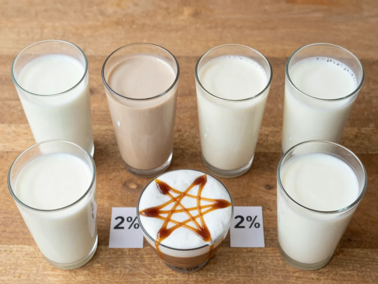 Side by side comparison of different milk types in clear glasses