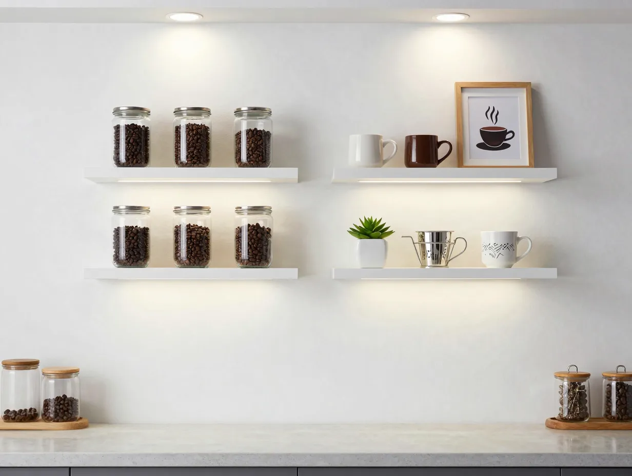 Wall mounted floating shelves with coffee bean jars and mugs
