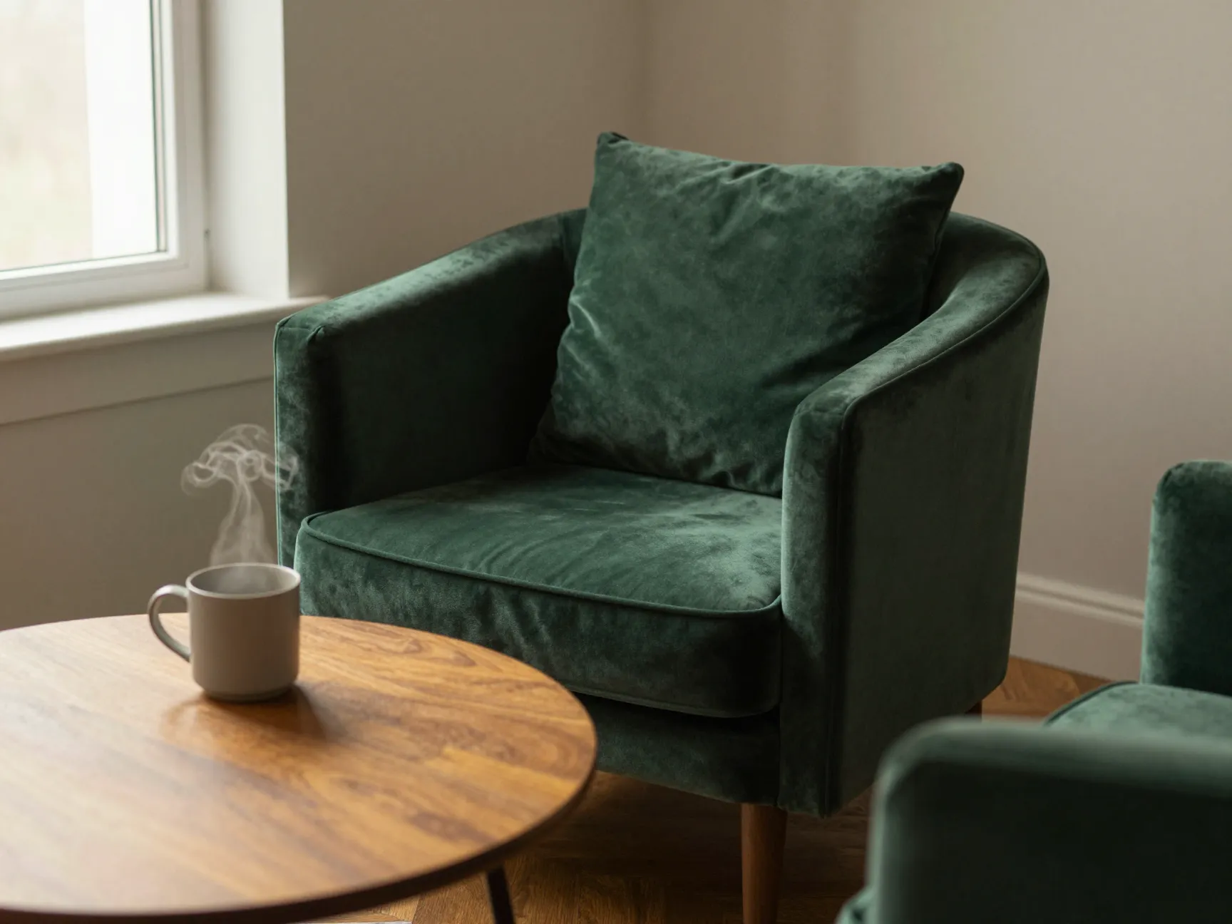 Comfortable velvet accent chair beside a round coffee table
