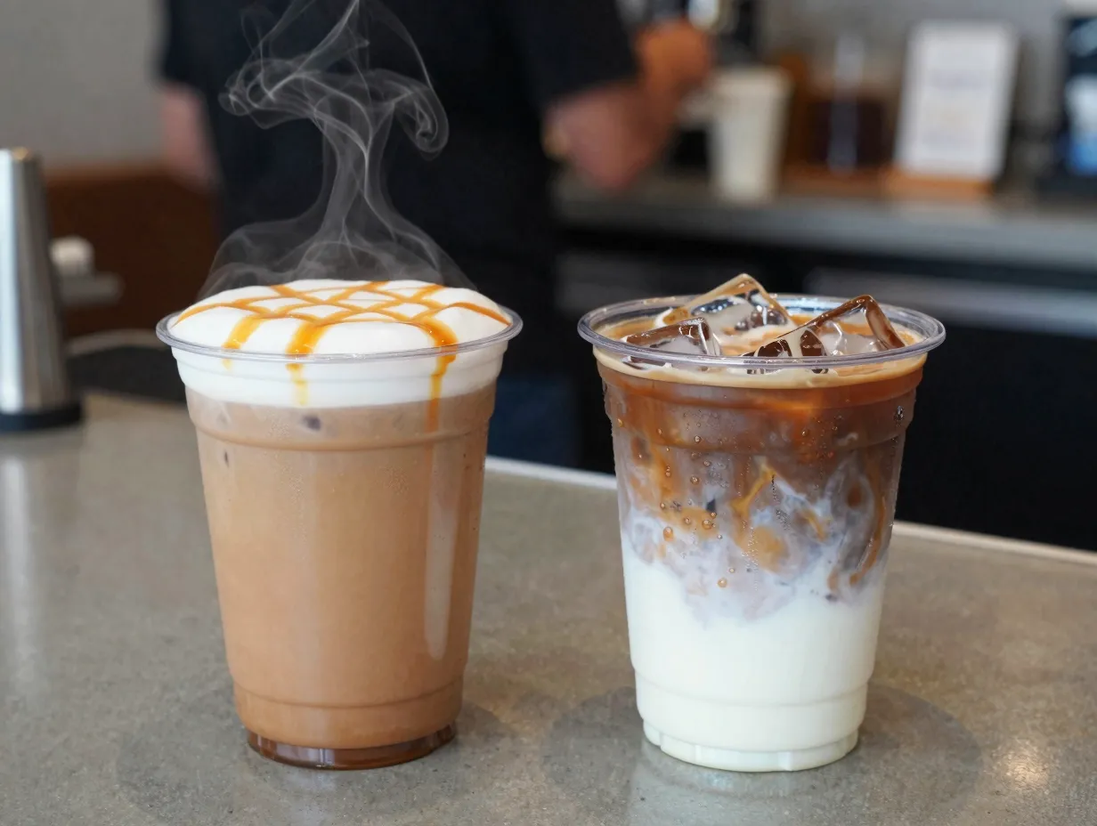 Iced and hot caramel macchiato side by side on a counter