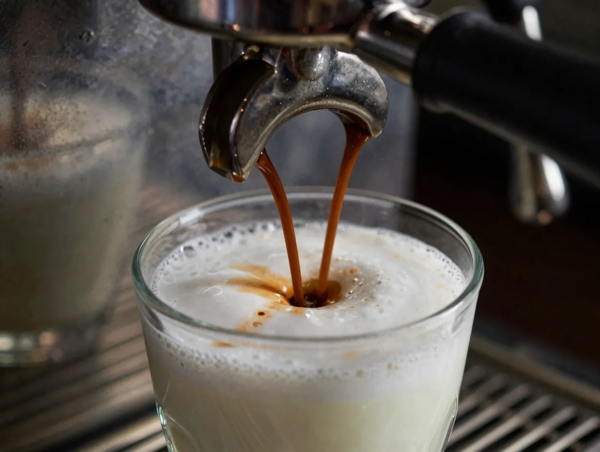 Dark roast espresso shot pouring into a glass of steamed milk