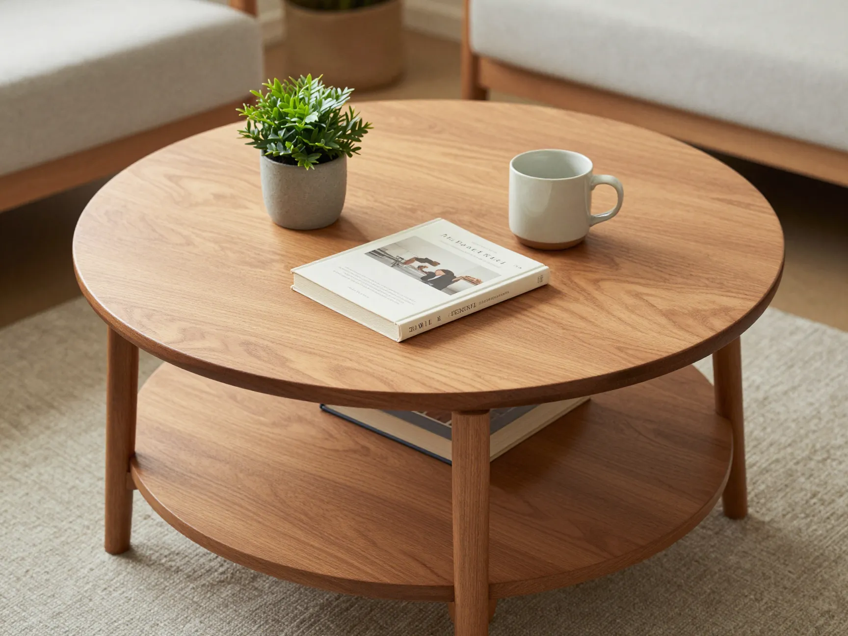 Low round coffee table with lower shelf for coffee books