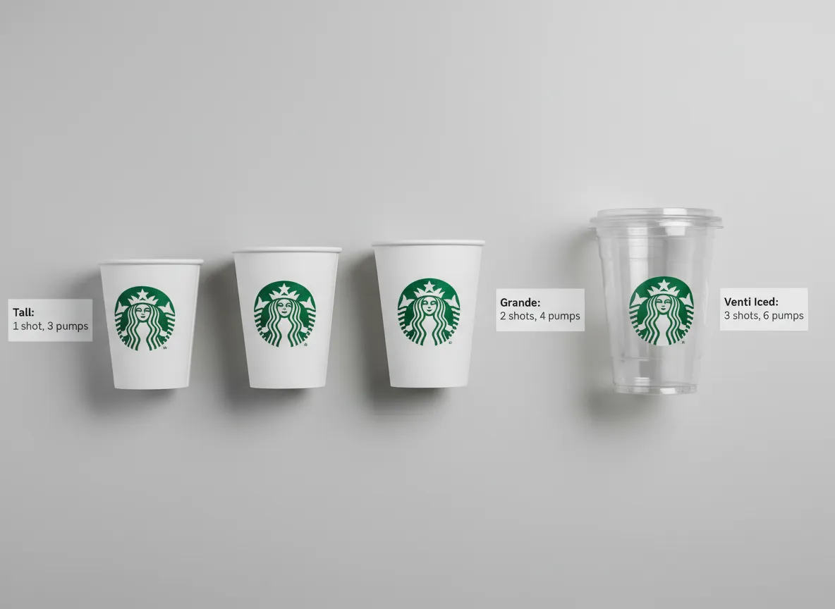 Four starbucks cup sizes lined up tall grande venti hot iced