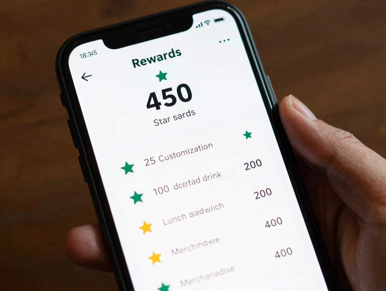 Smartphone showing starbucks app rewards tiers and star count