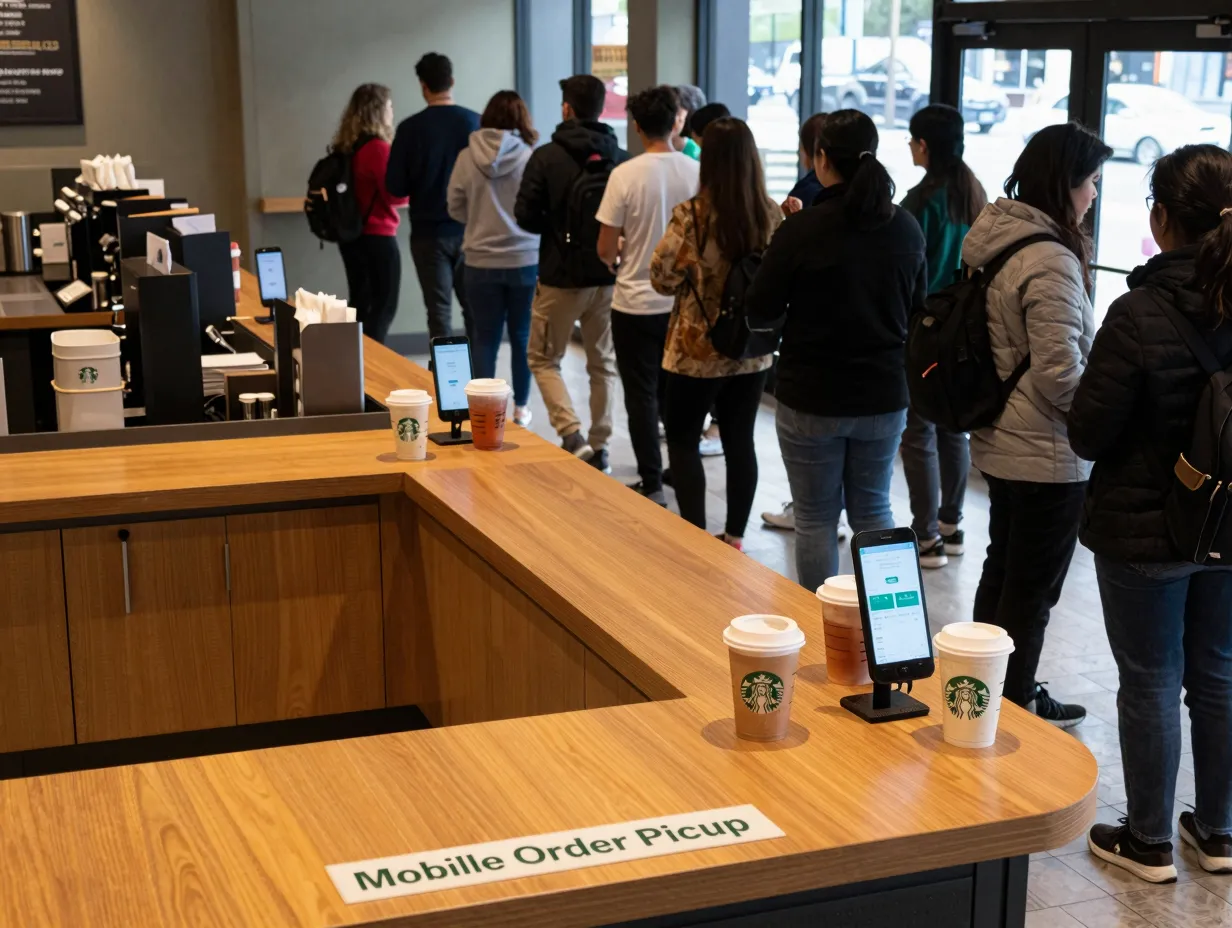 Crowded morning starbucks with separate mobile order pickup area